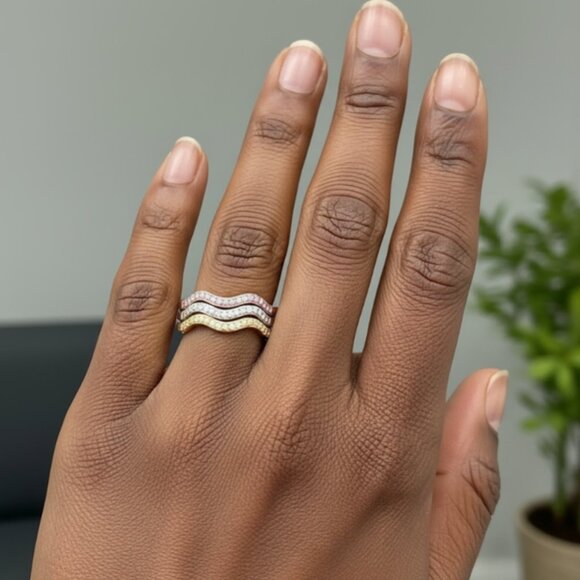 Elegant Gold, Rose Gold and Silver Mixed Metal Wave Ring Set - Picture 6 of 6